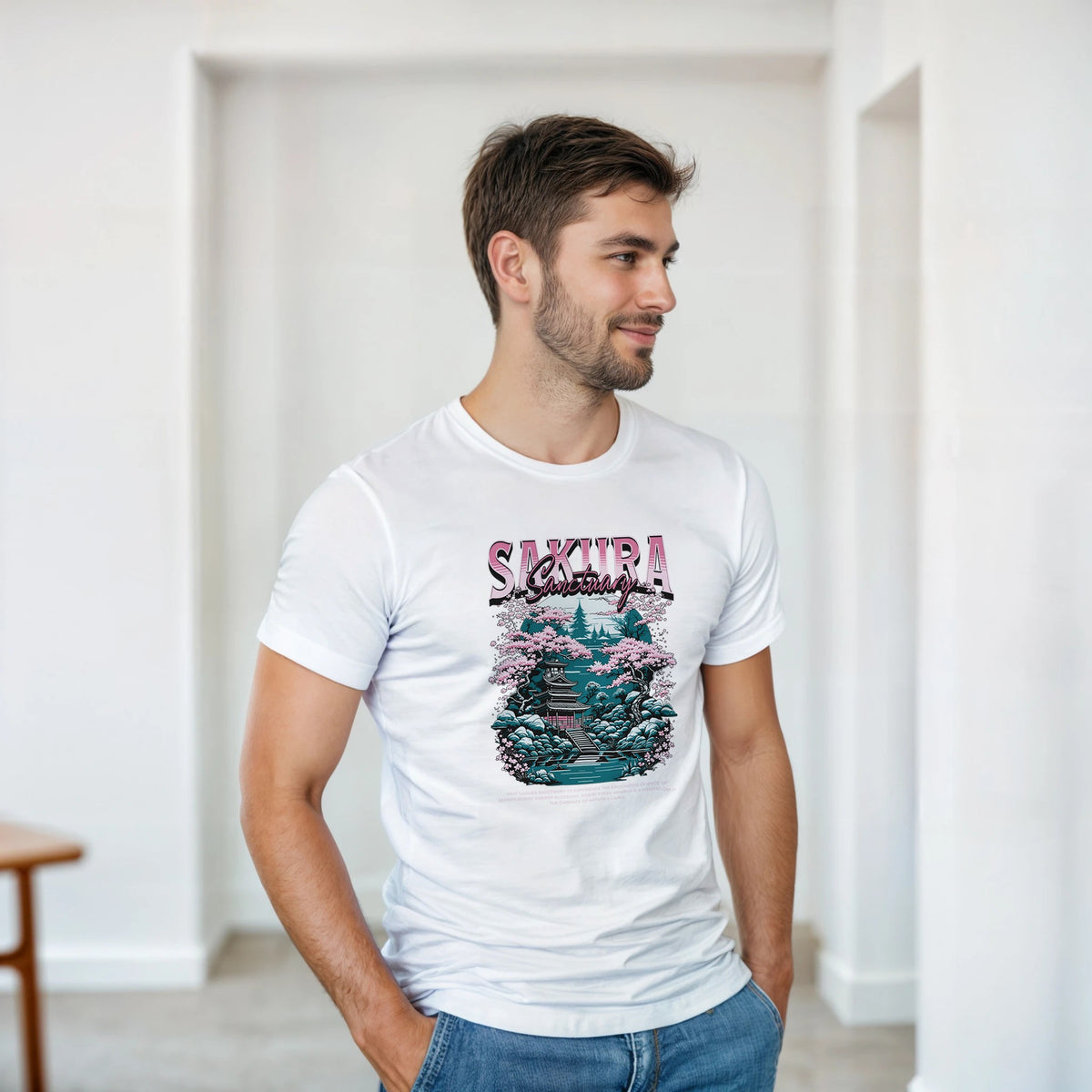 Man wearing white Sakura graphic T-shirt with bold cherry blossom print and crew neck.