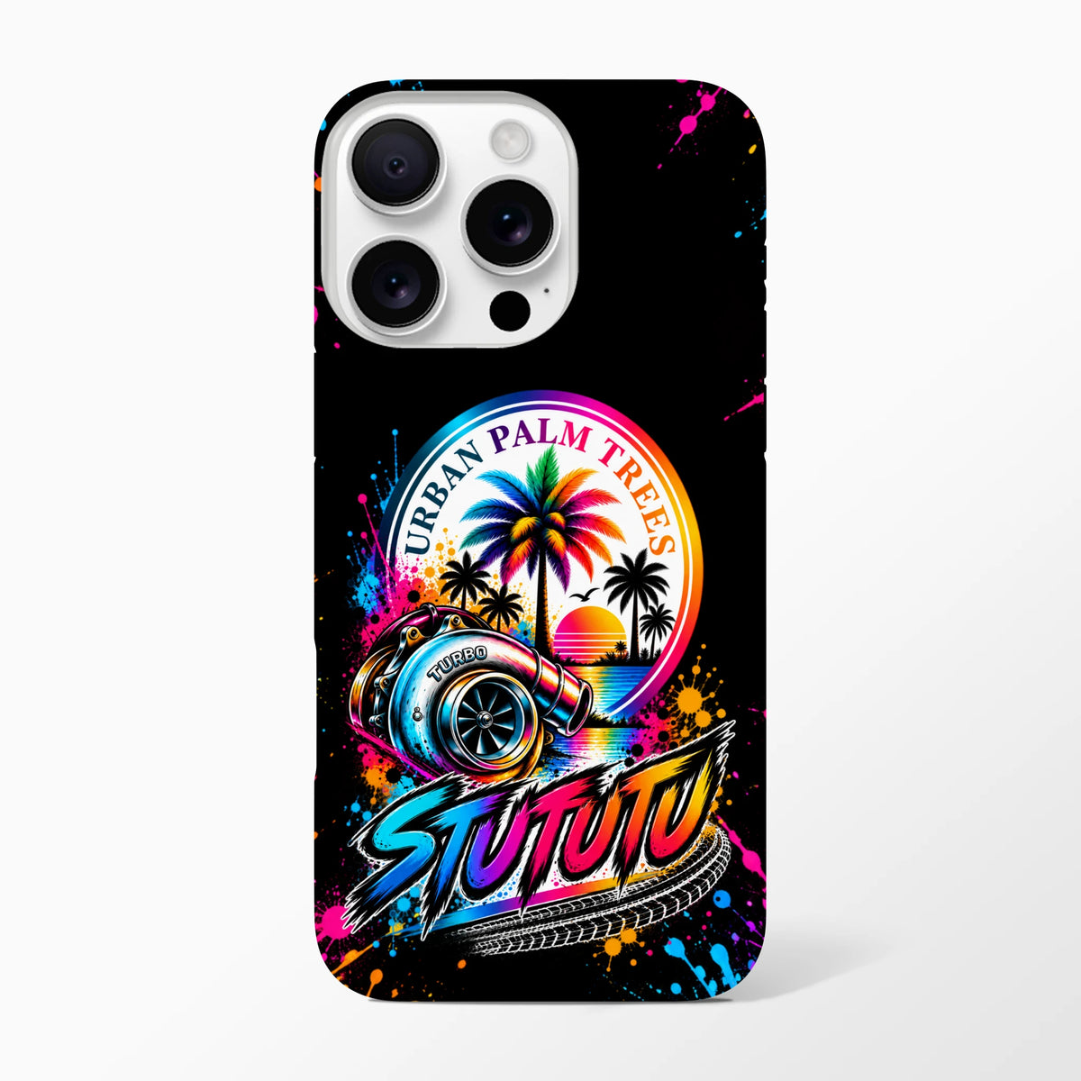 Black iPhone case featuring a vibrant turbocharger graphic, rainbow palm trees, and colorful "STUTUTU" typography with paint splatters.