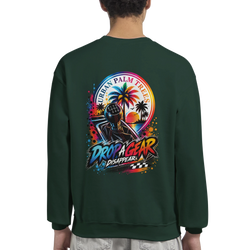 Dark green petrolhead sweatshirt back with colorful gear shift, palm tree sunset graphic, and "Drop A Gear Disappear" text.