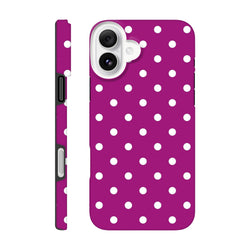 Purple and white polka dot tough iPhone case with shock-absorbent TPU protection for iPhone 13-16 models.