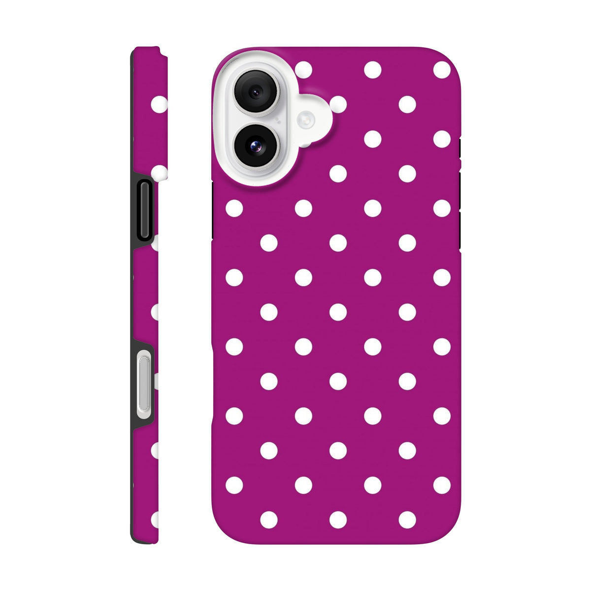Purple and white polka dot tough iPhone case with shock-absorbent TPU protection for iPhone 13-16 models.