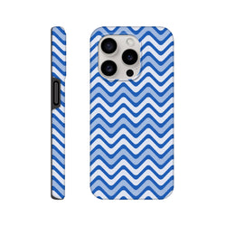 Blue and white retro chevron iPhone case with glossy zigzag wraparound print and dual-layer shock-absorbing TPU protection for daily impact resistance.