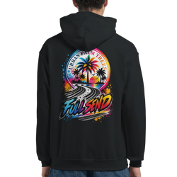 Black hoodie back featuring colorful Full Send graphic with tire tracks and Urban Palm Trees sunset design for petrolheads.