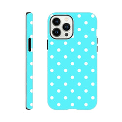 Turquoise and white polka dot tough iPhone case with retro style, drop protection, and opaque gloss finish.