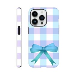 Blue gingham iPhone case with large teal bow. Pastel check pattern fits iPhone 13-16. Cute coquette tough phone cover.
