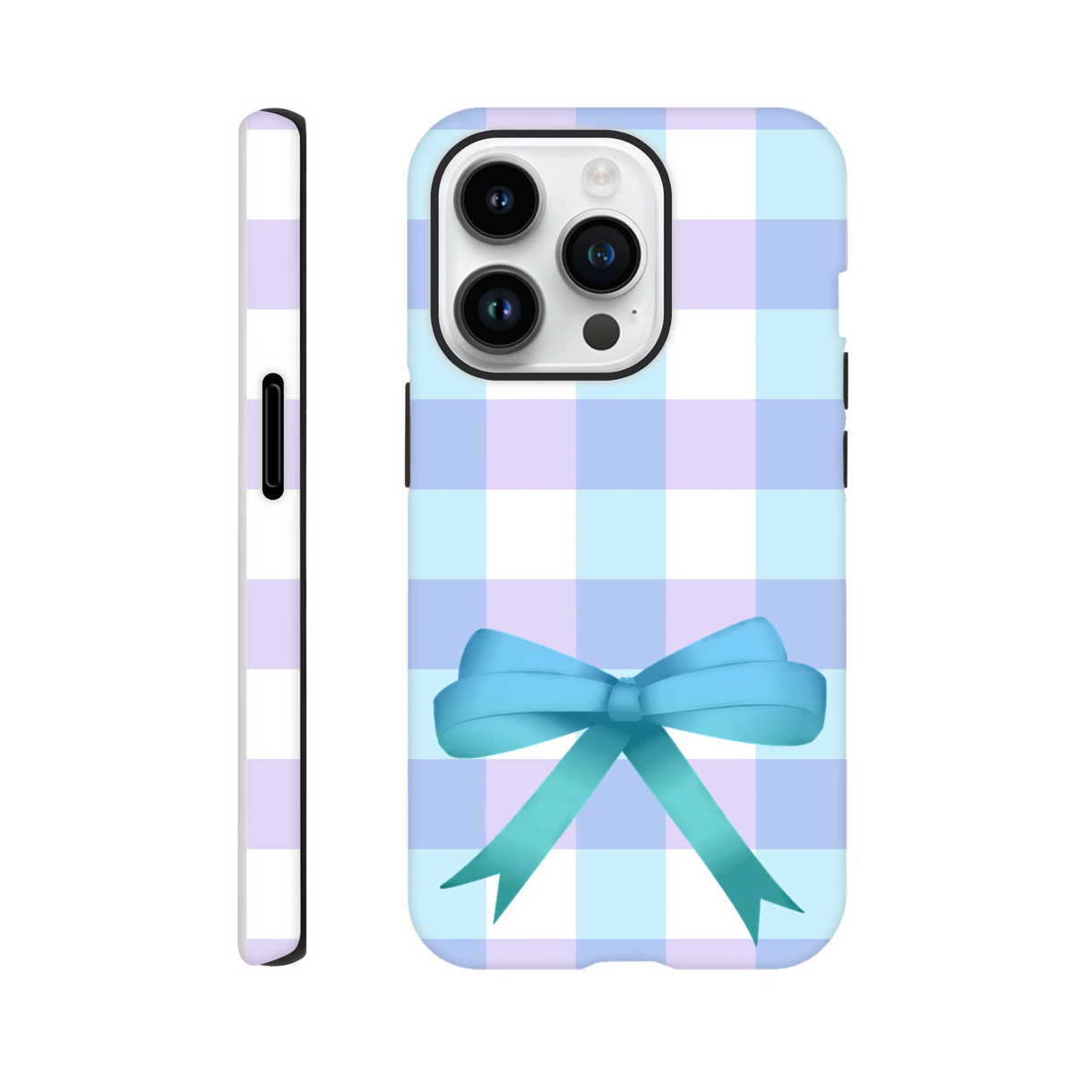 Blue gingham iPhone case with large teal bow. Pastel check pattern fits iPhone 13-16. Cute coquette tough phone cover.