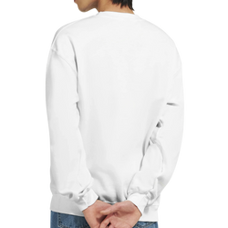 Back view of a person wearing a white Retro Pop Art Woman Sweatshirt for Men, streetwear with comic style.