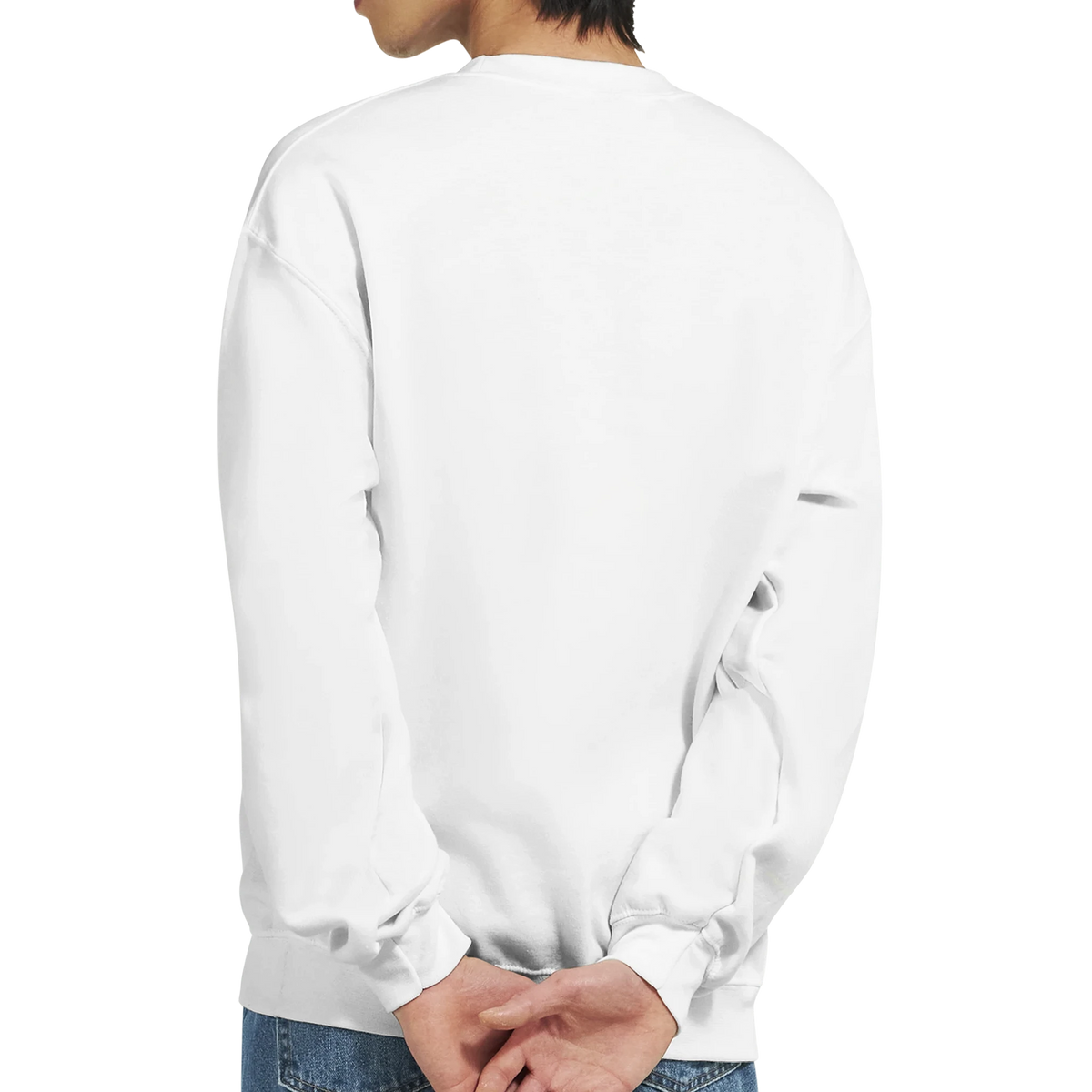 Back view of a person wearing a white Retro Pop Art Woman Sweatshirt for Men, streetwear with comic style.