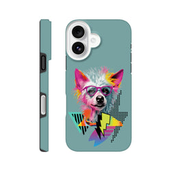 Retro pop art tough iPhone case featuring a colorful dog wearing pink glasses and geometric lightning bolts on a teal background.