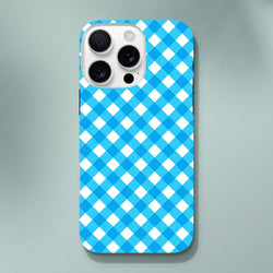 Blue gingham checkered tough iPhone case featuring a cute retro design. Shock-absorbing protection with wireless charging compatibility.