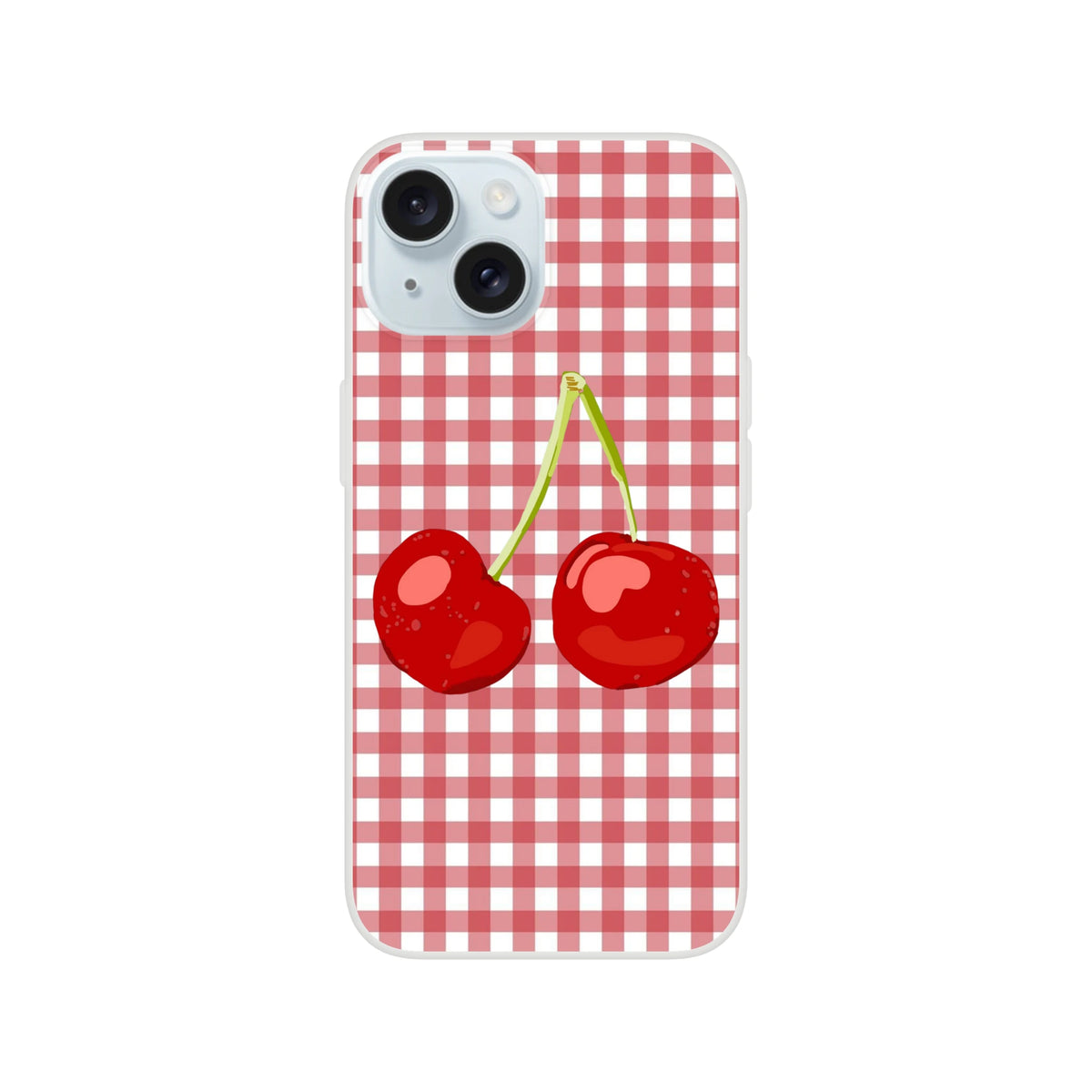 Cute Cherry Gingham iPhone Case (13-16) Coquette aesthetic with red gingham and cherry illustration.