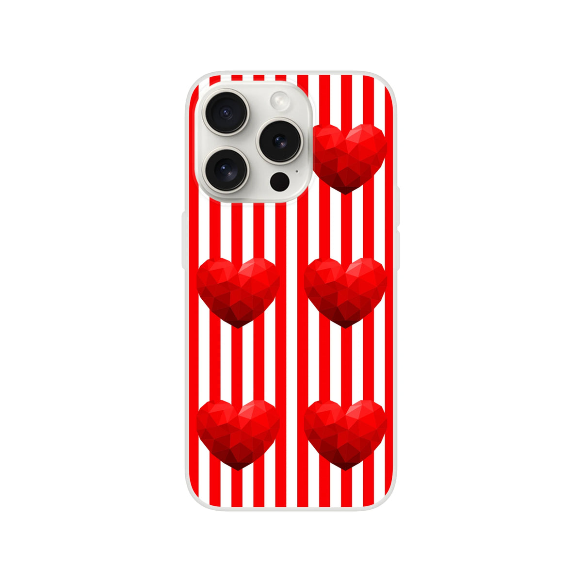 Red Stripe Heart iPhone case for 13-16 with bold red stripes and geometric hearts, cute romantic aesthetic.
