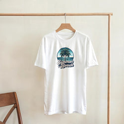 White women's cotton-blend T-shirt with circular tropical palm and sunset graphic reading Summer Beach.