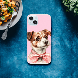 Pink dog-portrait iPhone case for iPhone 13-16, retro aesthetic on a blue textured surface.