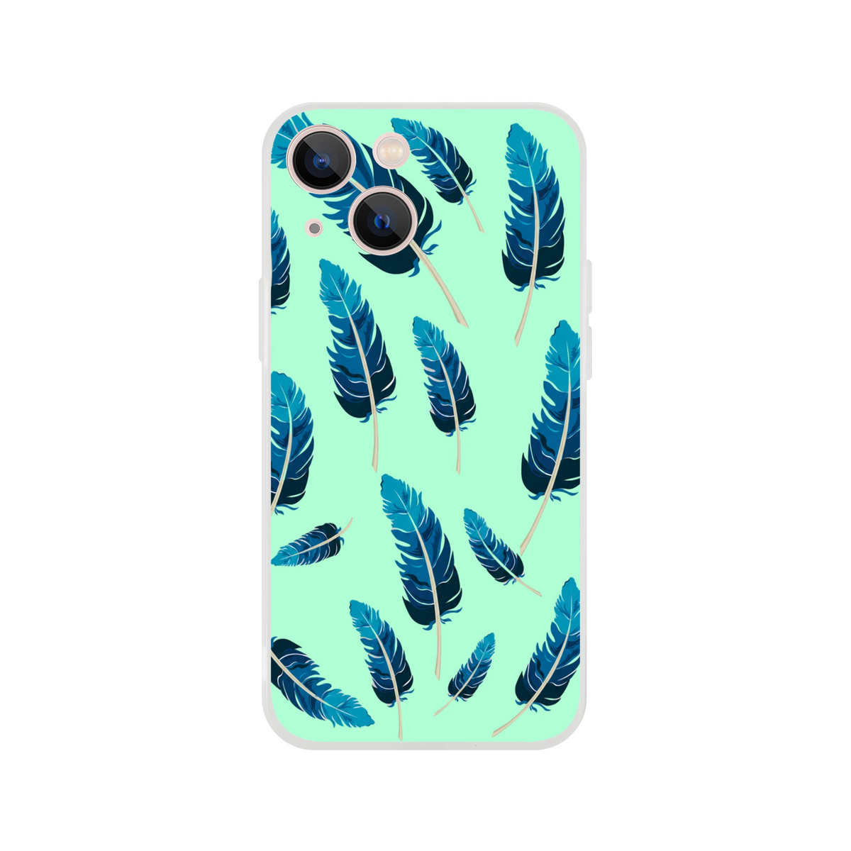 Mint-green iPhone case with blue feather pattern for 13–16, matte finish, slim lightweight shell.