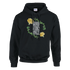 Black hoodie with Good Vibes Only in white, framed by floral vines, 50/50 cotton-poly, front pouch, drawstring hood.