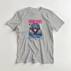 Gray men's t-shirt featuring a retro cyberpunk gorilla DJ graphic with headphones and "Future Beats Evolution" text.