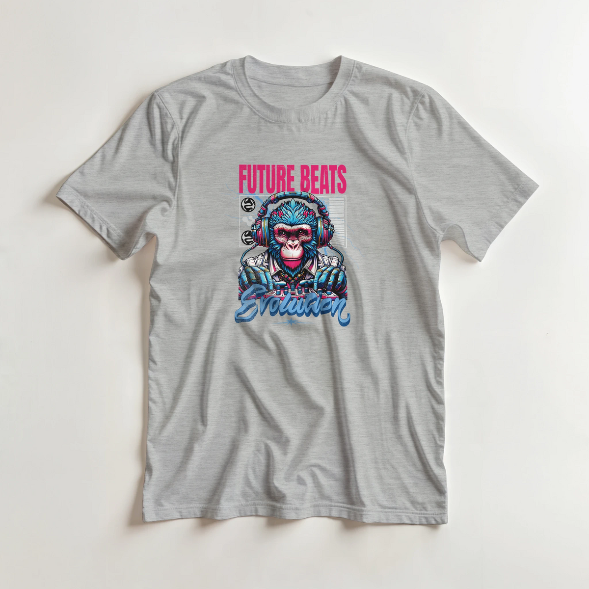 Gray men's t-shirt featuring a retro cyberpunk gorilla DJ graphic with headphones and "Future Beats Evolution" text.