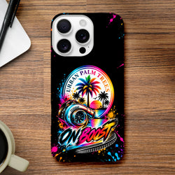 iPhone case featuring a colorful turbocharger, palm trees, and "On Boost" text against a black background with neon splatters.