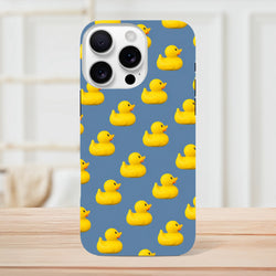 Blue iPhone case featuring a playful pattern of yellow rubber ducks for a cute kawaii streetwear look.