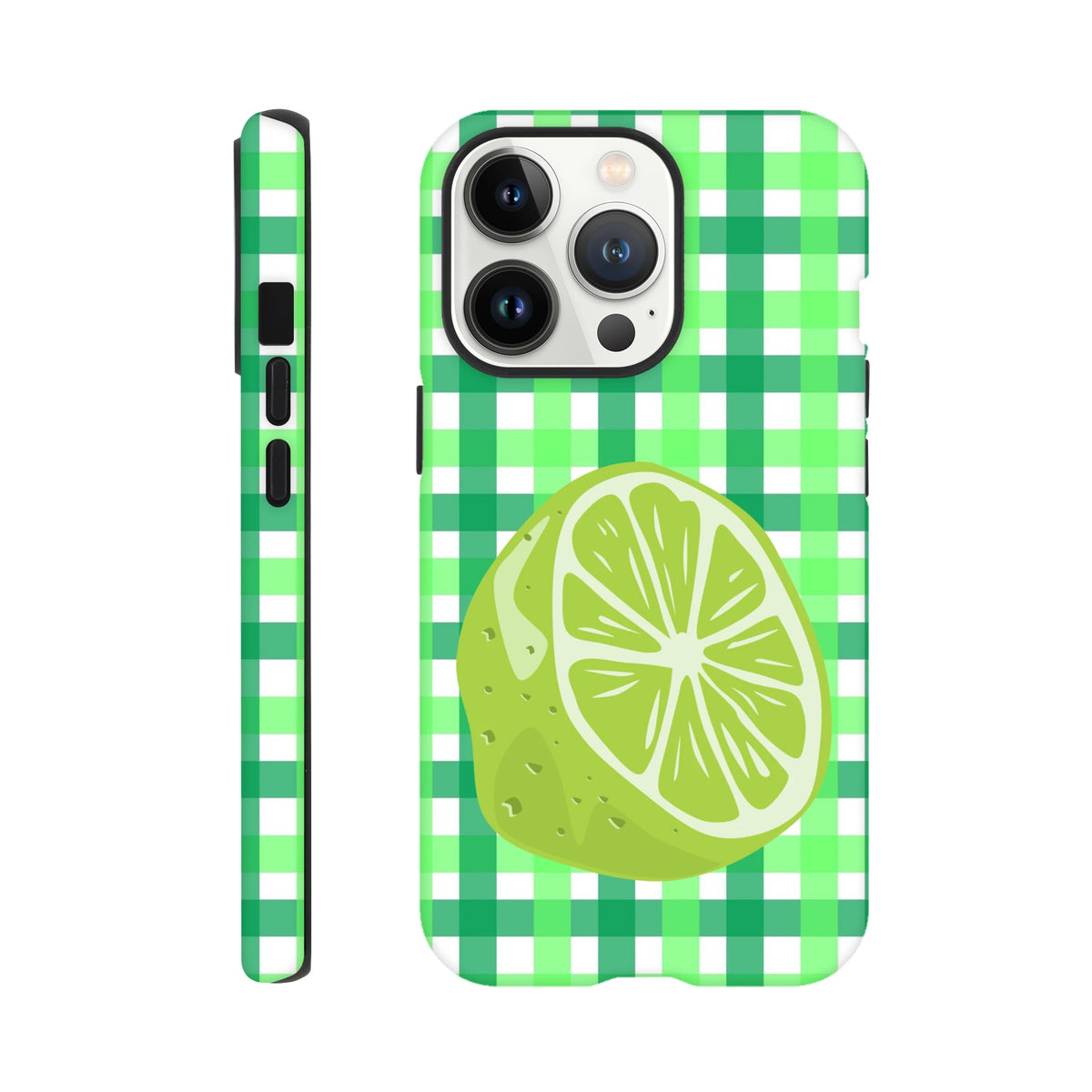 Green gingham iPhone case featuring a glossy lime slice graphic. Shock-absorbing citrus phone cover for iPhone 13-16.
