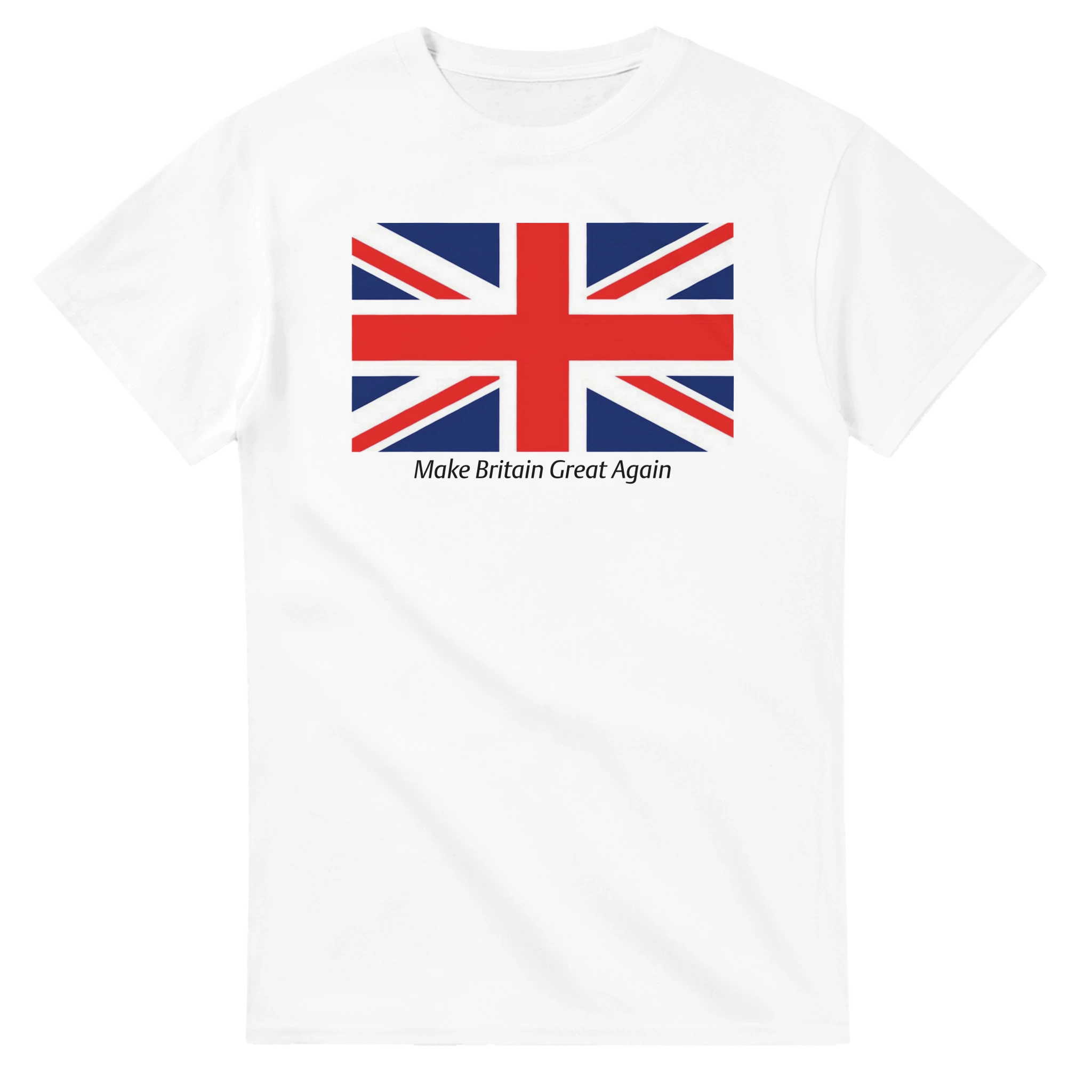 Union Jack Make Britain Great Again slogan men's graphic T-shirt, soft cotton blend, sizes S-XL.