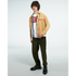 Male model in Union Jack Make Britain Great Again slogan graphic T-shirt with tan jacket and dark pants.