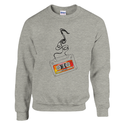 Grey women's retro cassette tape sweatshirt with 90s hits graphic and a doodled high-heel design.