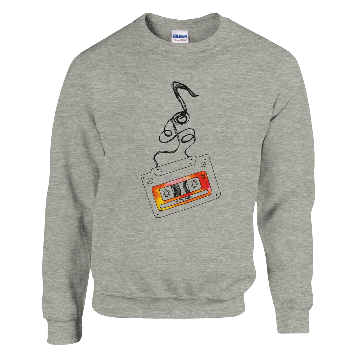 Grey women's retro cassette tape sweatshirt with 90s hits graphic and a doodled high-heel design.
