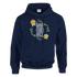 Navy women's hoodie with GOOD VIBES ONLY slogan in a floral wreath, front pouch pocket, and drawstring hood.