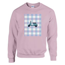 Pink vintage mod women's sweatshirt featuring a retro scooter graphic on a blue and purple gingham background.