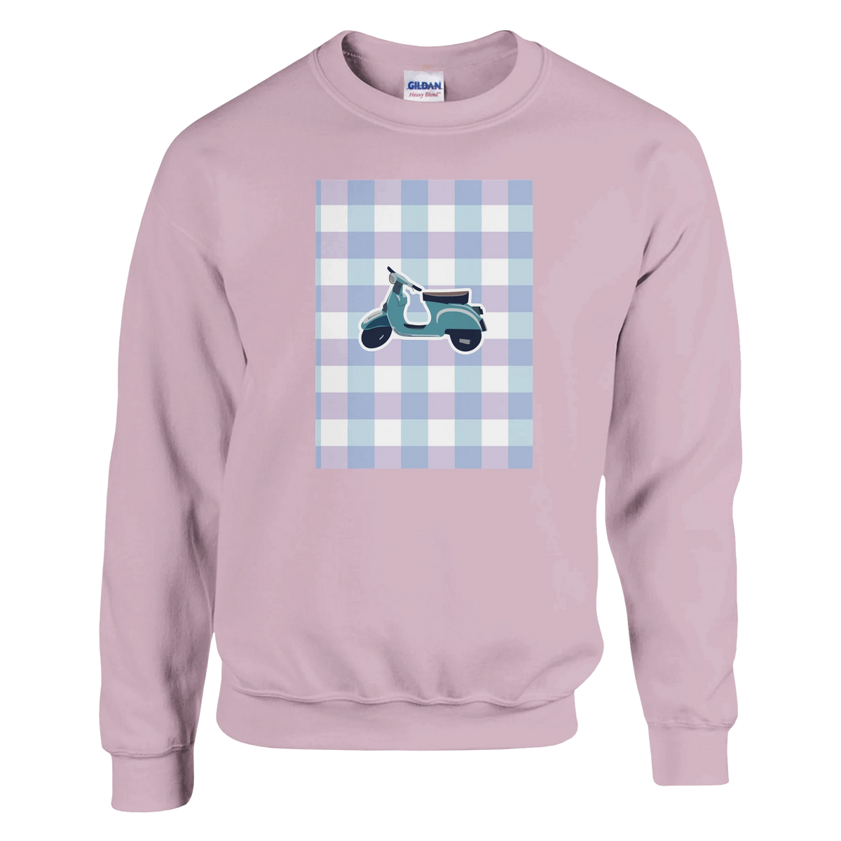 Pink vintage mod women's sweatshirt featuring a retro scooter graphic on a blue and purple gingham background.