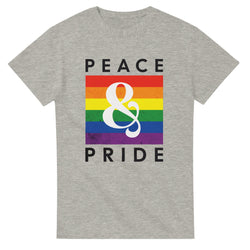 Grey heather Pride & Peace LGBTQ women's graphic tee with rainbow square and white ampersand.