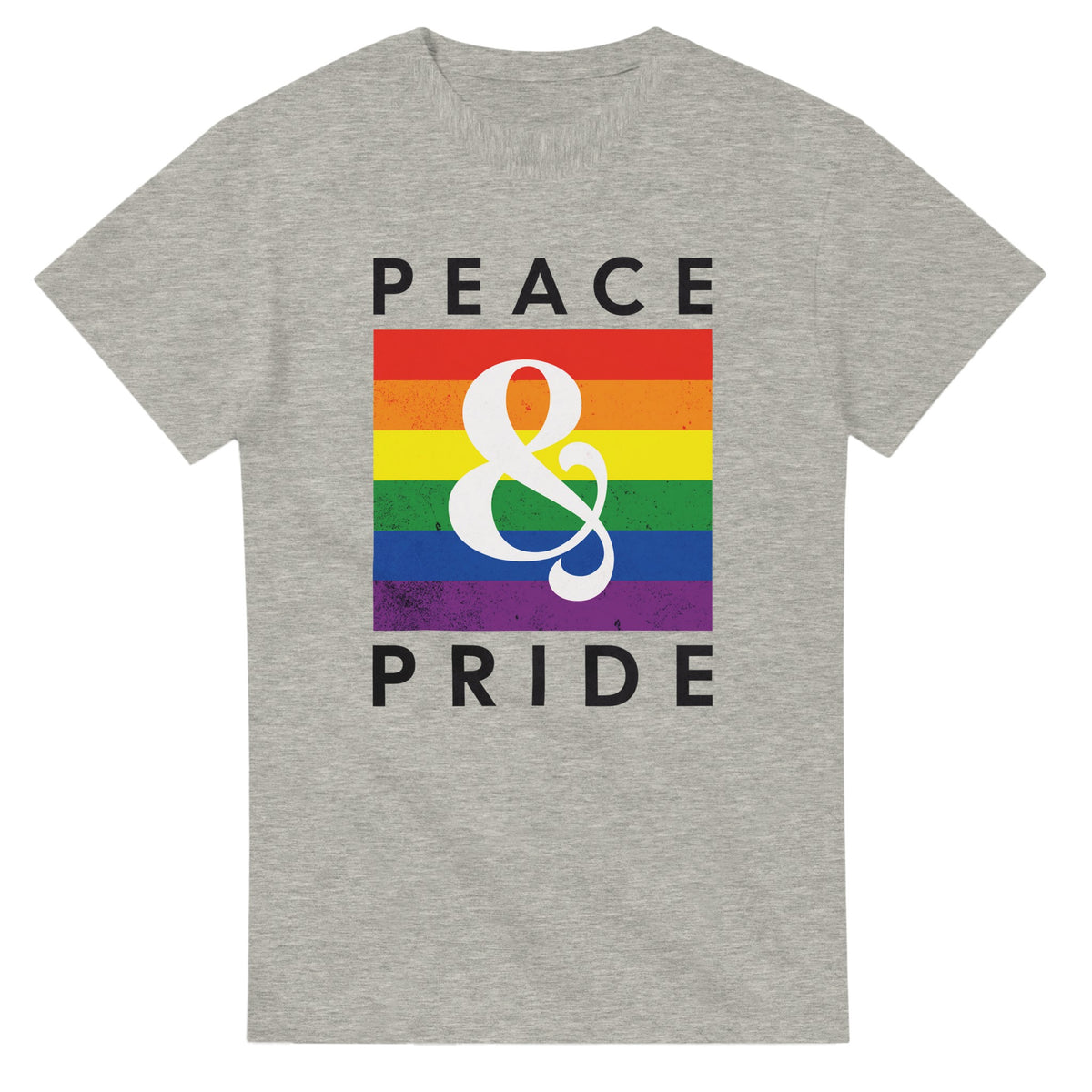 Grey heather Pride & Peace LGBTQ women's graphic tee with rainbow square and white ampersand.