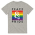 Grey heather Pride & Peace LGBTQ women's graphic tee with rainbow square and white ampersand.