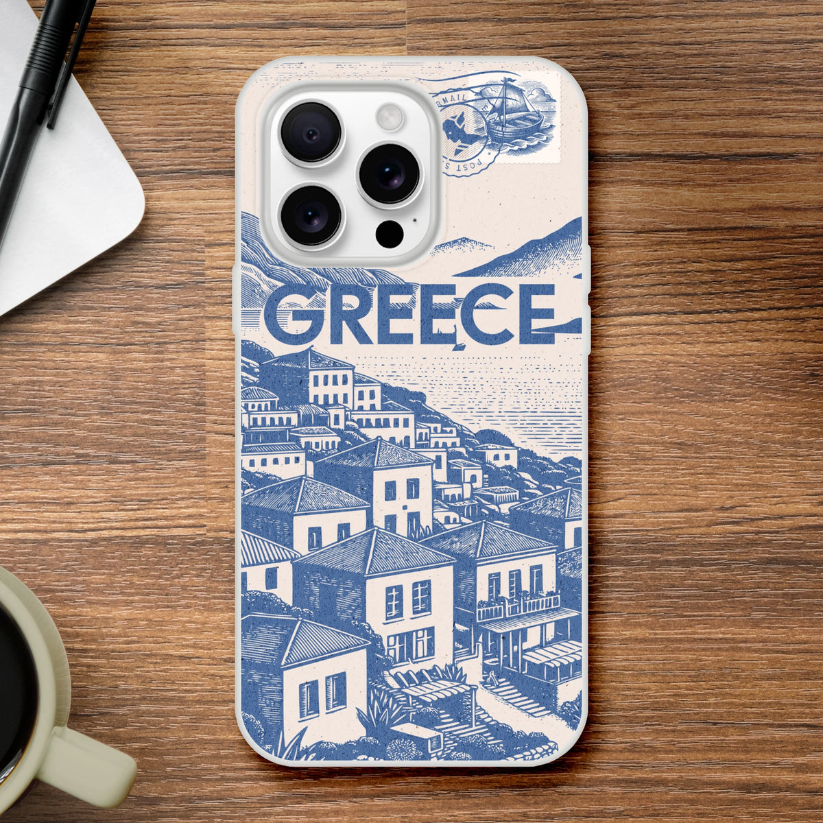 Vintage Greece postcard iPhone case with blue coastal town illustration for iPhone 13-16.