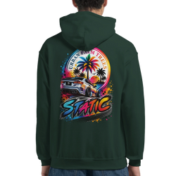 Dark green men's hoodie featuring a colorful back print of a modified car, palm trees, and "Static" text for petrolhead culture.