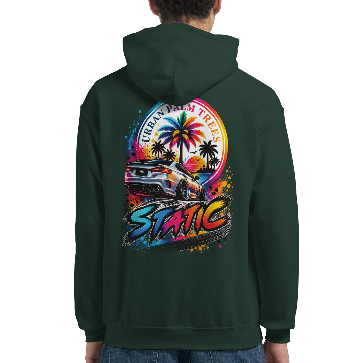 Dark green men's hoodie featuring a colorful back print of a modified car, palm trees, and "Static" text for petrolhead culture.
