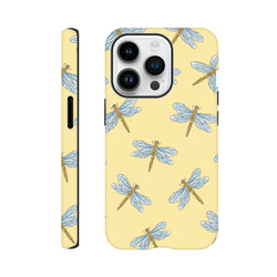 Yellow iPhone case featuring a repeating pattern of blue and gold dragonflies on a pale yellow background with black protective bumpers.