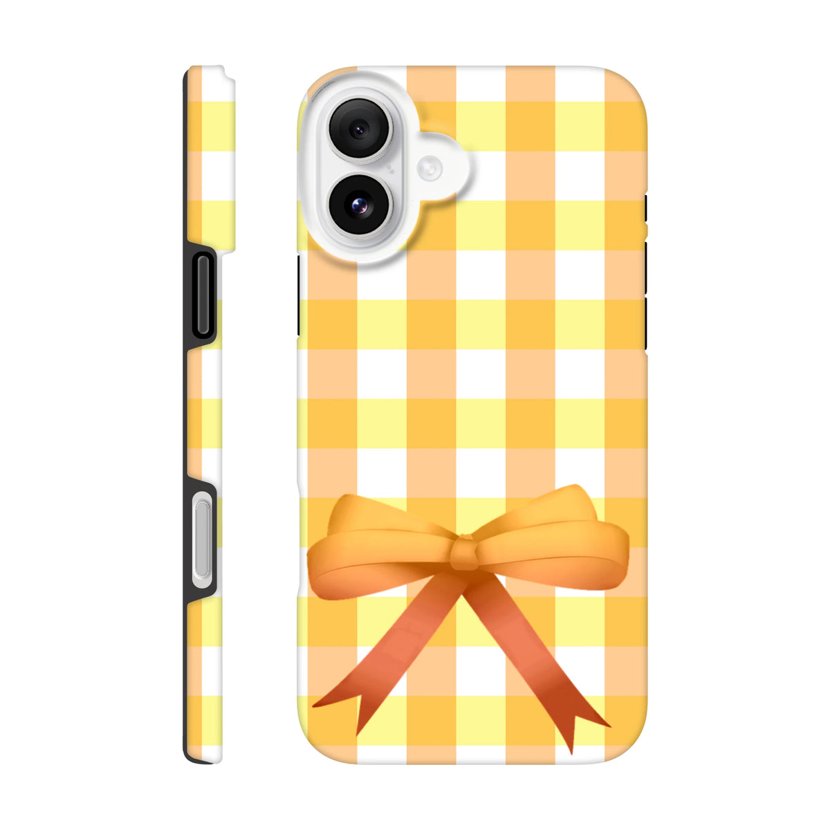 Yellow gingham iPhone case with an orange coquette bow design. Cute vintage grid pattern phone cover for street style.