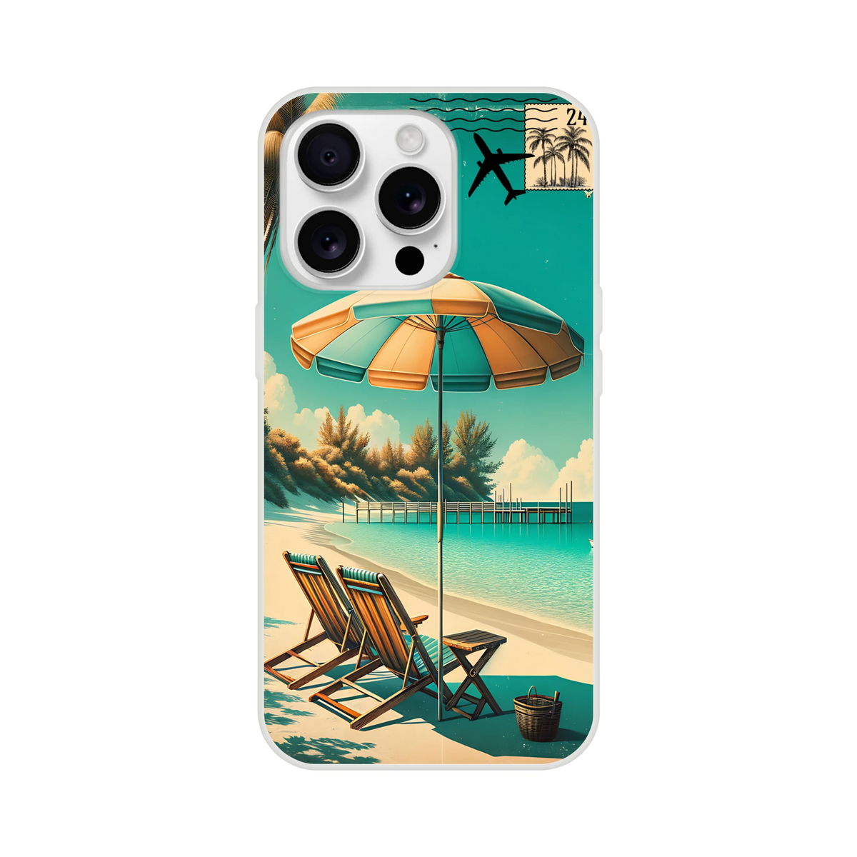 Vintage postcard iPhone case for iPhone 13-16 with holiday aesthetic beach scene and palm trees.