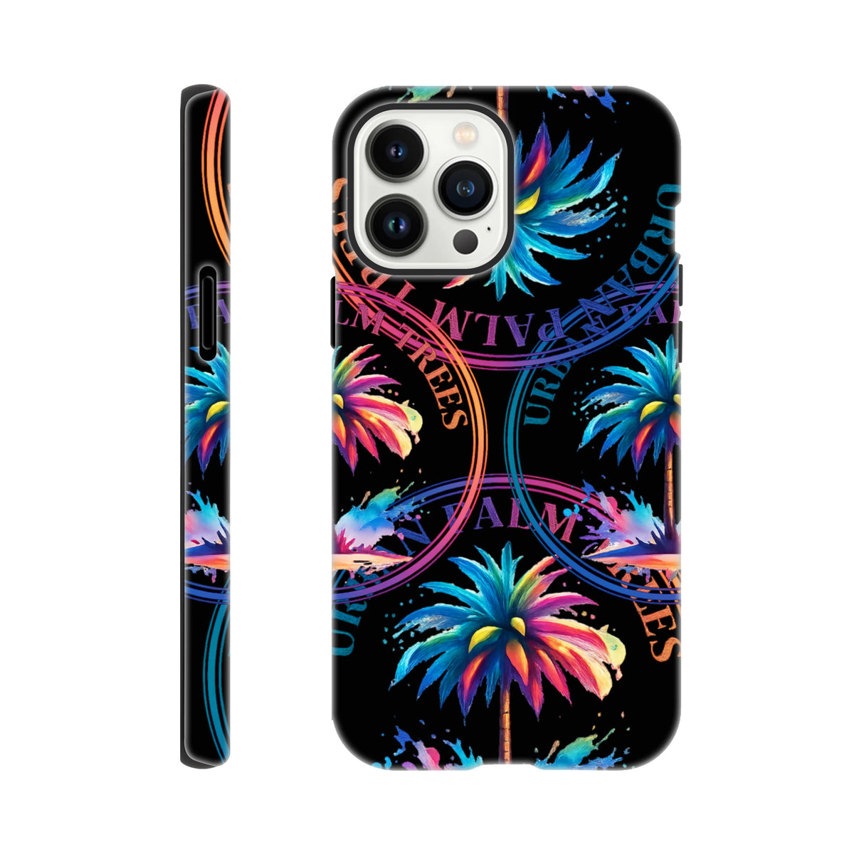 Vibrant urban palm tree iPhone case with neon tropical print on black. Durable wraparound design for city life and streetwear style.