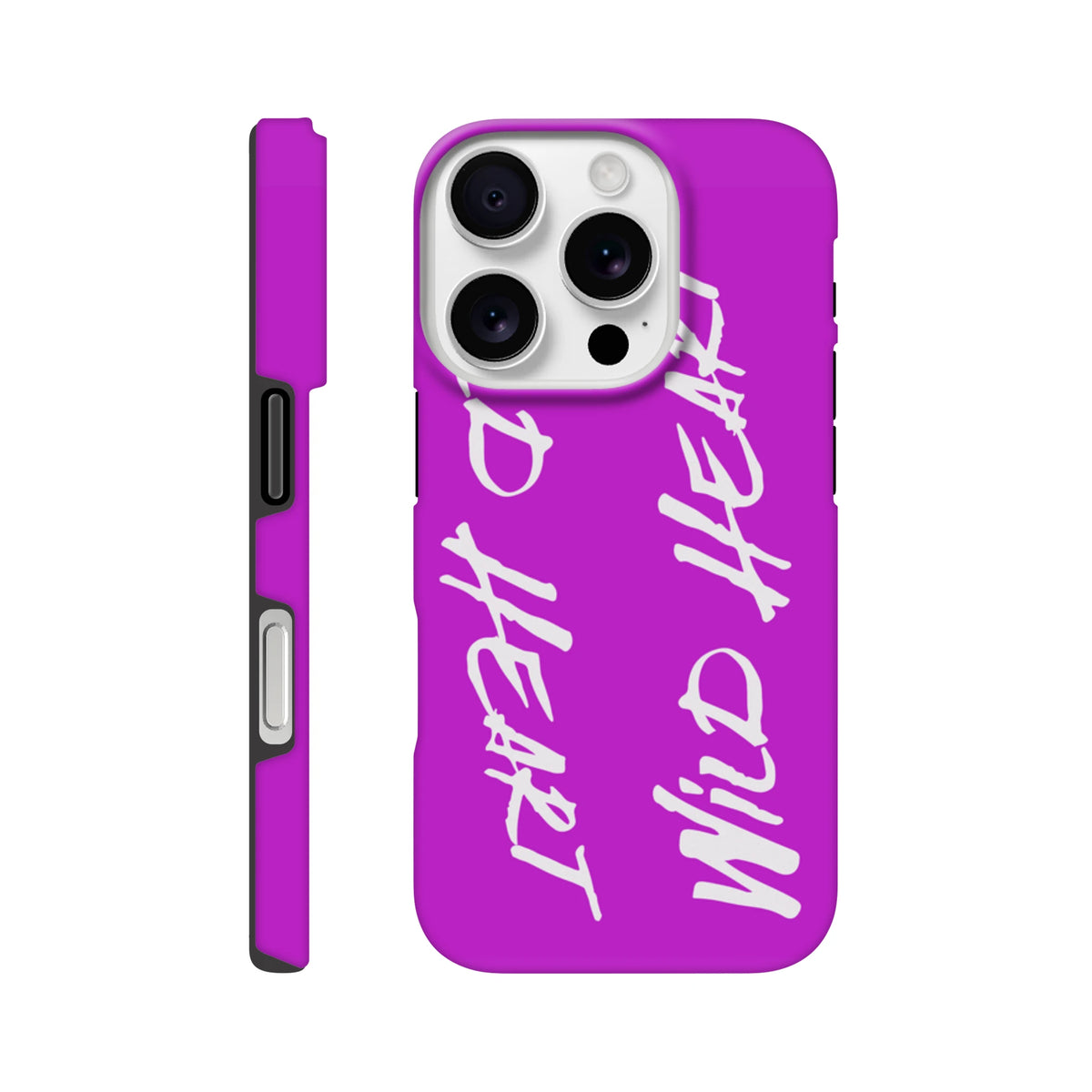 Vivid purple iPhone case with white Wild Heart graffiti text and tough shock-absorbing protection for streetwear style.
