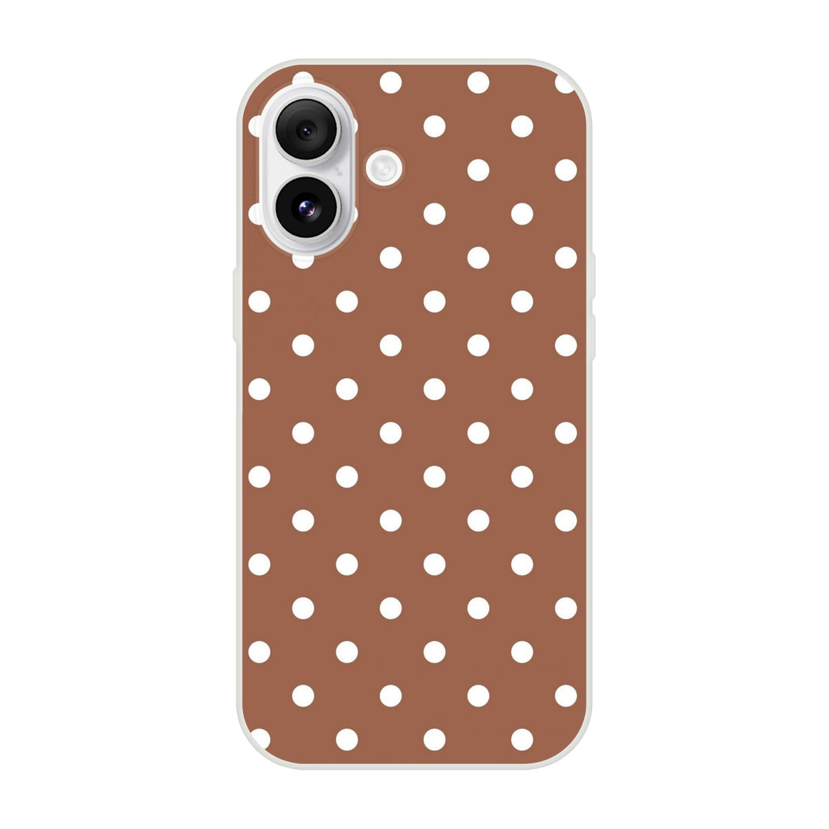 Retro brown & white polka dot iPhone case with matte finish. Slim TPU cover for shock absorbtion and smudge resistance on iPhone 13-16.