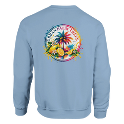 Light blue hoodie featuring a retro tropical back print with colorful palm trees, lemons, and flowers inside a circular frame.