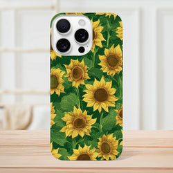 Tough iPhone case featuring a vibrant yellow sunflower and green leaf wraparound print for daily drop protection.