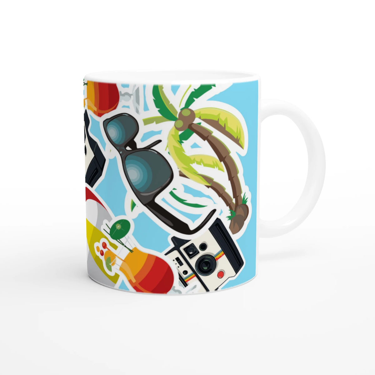 Ceramic mug with summer holiday design featuring sunglasses, palm tree, beach ball, and vintage camera print for coffee or tea.