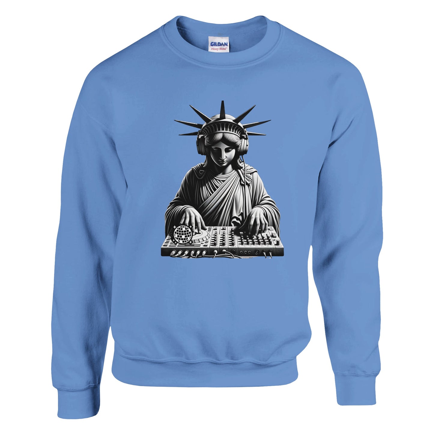 Light blue men's graphic sweatshirt with a graphic of the Statue of Liberty DJing on a white background