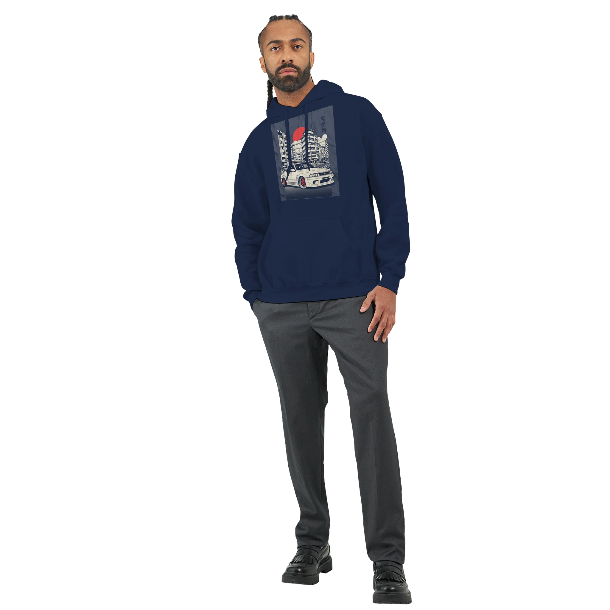 Man wearing navy Car Jumper JDM Hoodie with car graphic, front pouch pocket, drawstring hood