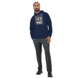 Man wearing navy Car Jumper JDM Hoodie with car graphic, front pouch pocket, drawstring hood